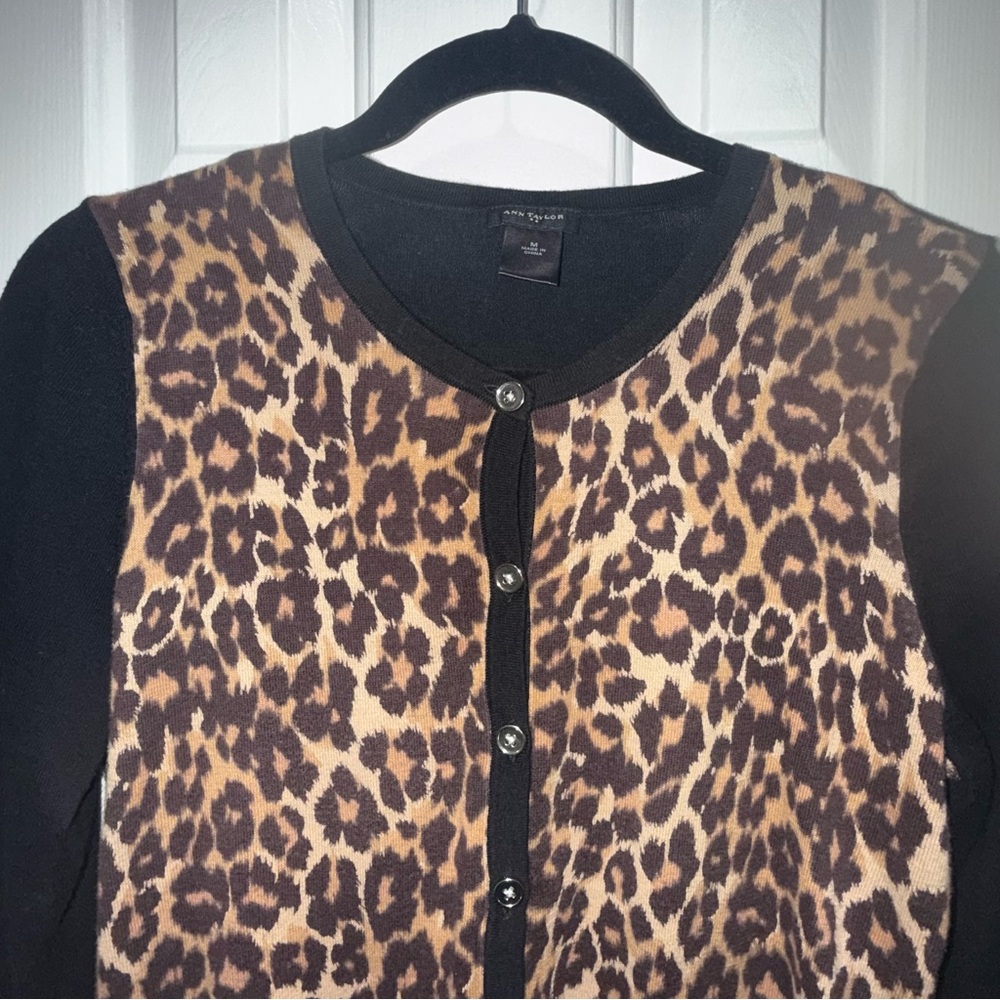 Ann Taylor Leopard Print Cardigan with Black Trim - Picture 2 of 4